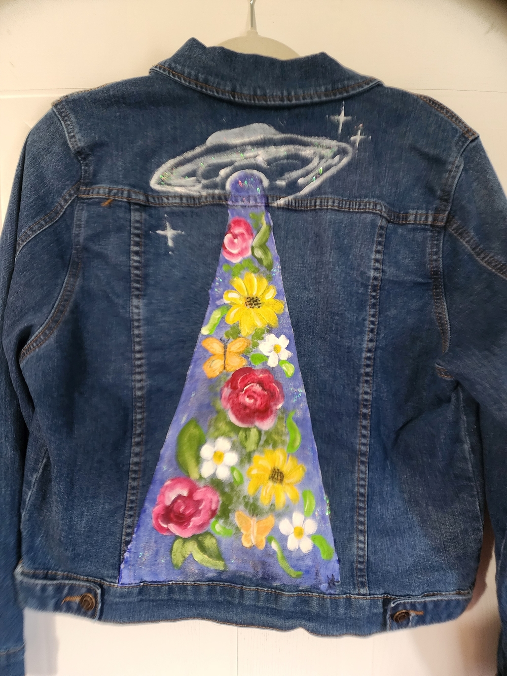 Hand-Painted Blue Denim  Jacket with Floral UFO Design
